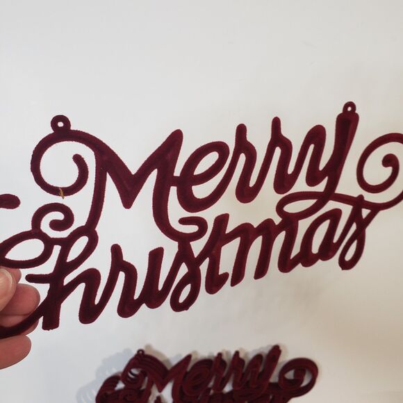 NEW Lot of 12 Red Burgundy Flocked Cursive Merry Christmas 9" Craft Sign Decor - Picture 2 of 8
